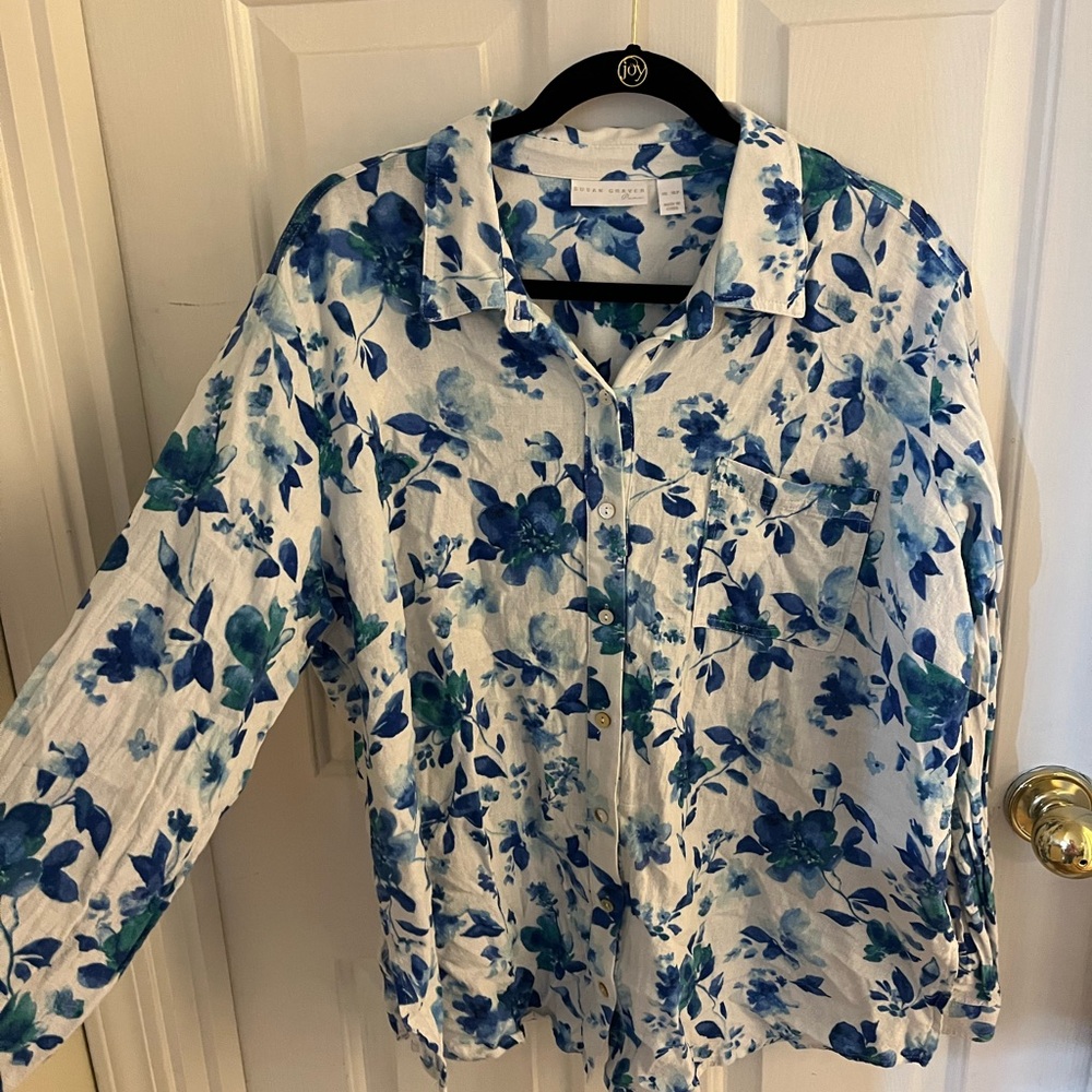 Susan Graver Pure Linen Blend Button Front Floral Blouse | XLP | Blue Watercolor